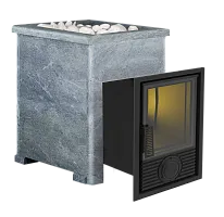 Печь банная чугунная  " Воевода " 20 Д - 1 со стеклом 320х320 В КАМЕННОЙ ОБЛИЦОВКЕ