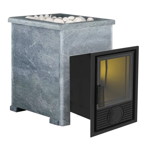 Печь банная чугунная  " Воевода " 20 Д - 1 со стеклом 320х320 В КАМЕННОЙ ОБЛИЦОВКЕ