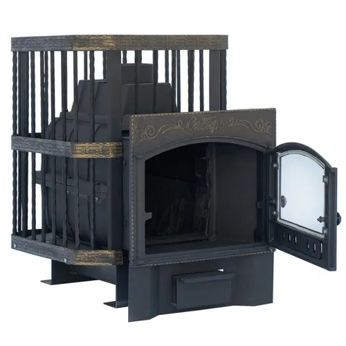 Печь банная ЧУГУННАЯ " Сибирь - 24 " Каминная дверца 375х300 (кованная сетка) со СТЕКЛОМ фото 2