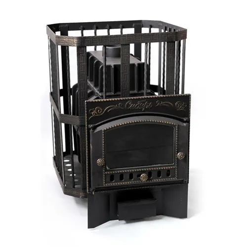 Печь банная ЧУГУННАЯ " Сибирь 32 " Каминная дверца 375х300 (кованная сетка ) со СТЕКЛОМ фото 6