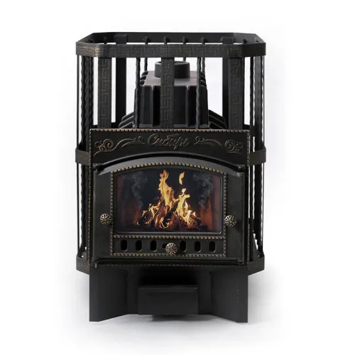 Печь банная ЧУГУННАЯ " Сибирь 32 " Каминная дверца 375х300 (кованная сетка ) со СТЕКЛОМ