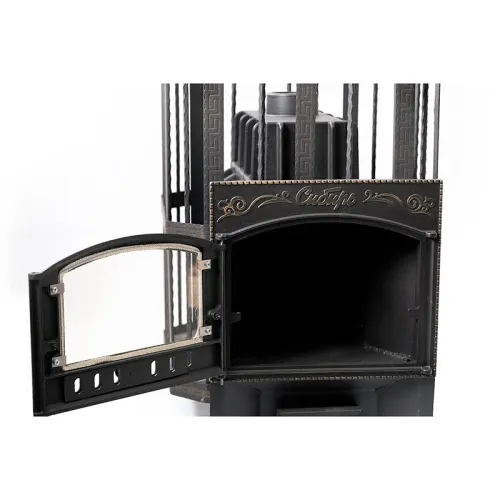 Печь банная ЧУГУННАЯ " Сибирь 32 " Каминная дверца 375х300 (кованная сетка ) со СТЕКЛОМ фото 7