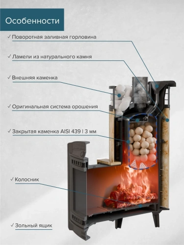 Печь банная "Атмосфера XL" Окаменевшее дерево ламель+сетка С ТОННЕЛЕМ ПроМеталл фото 3 Печь банная "Атмосфера XL" Окаменевшее дерево ламель+сетка С ТОННЕЛЕМ ПроМеталл фото 3